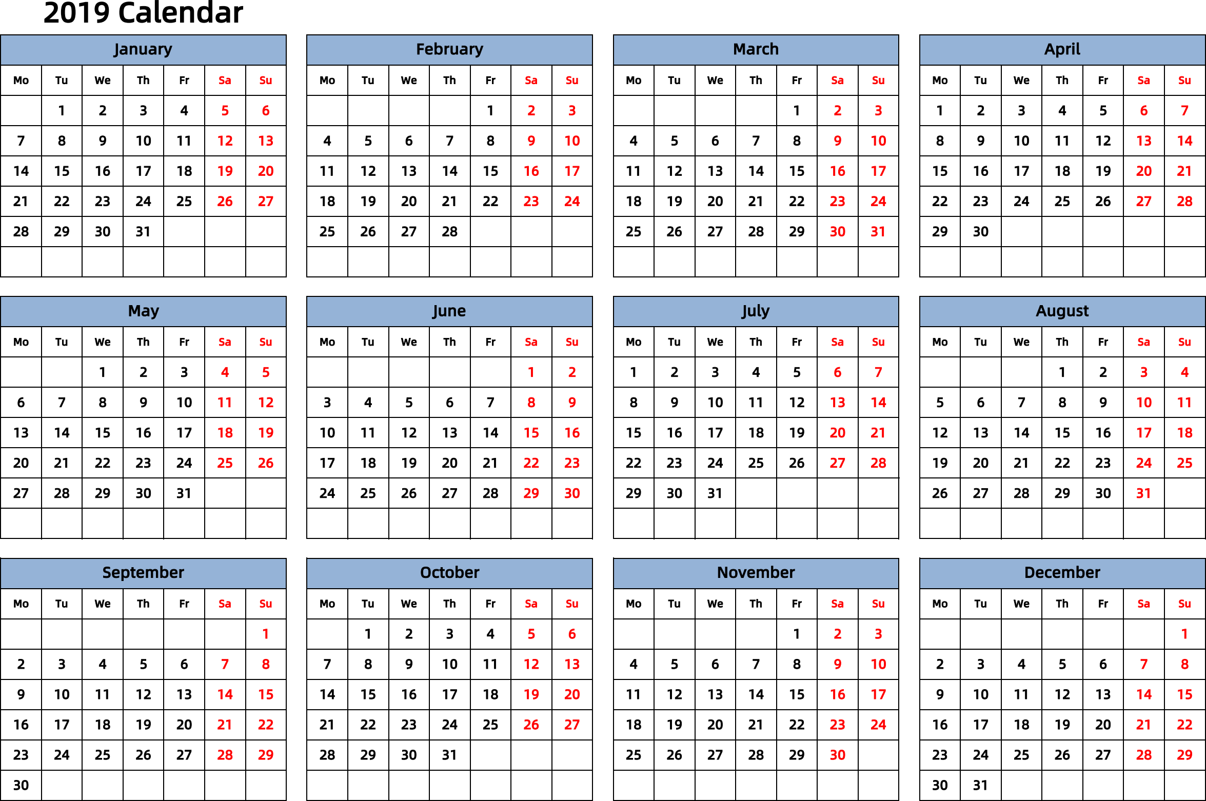 日历表2019年日历 英文版 横向排版 周一开始